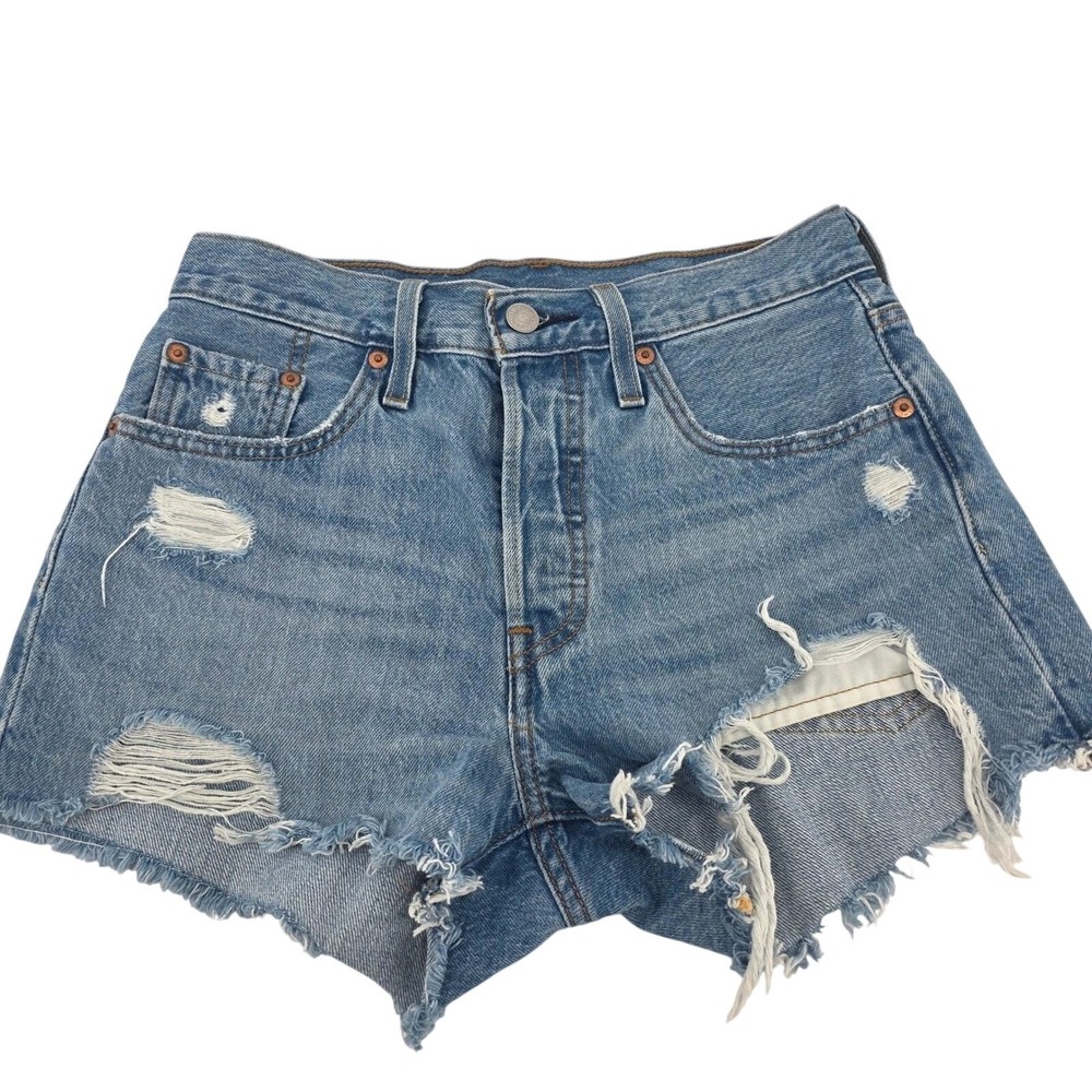 Levis Premium 501 Original Distressed Women Shorts Light Wash W27 Button Fly - Picture 2 of 11